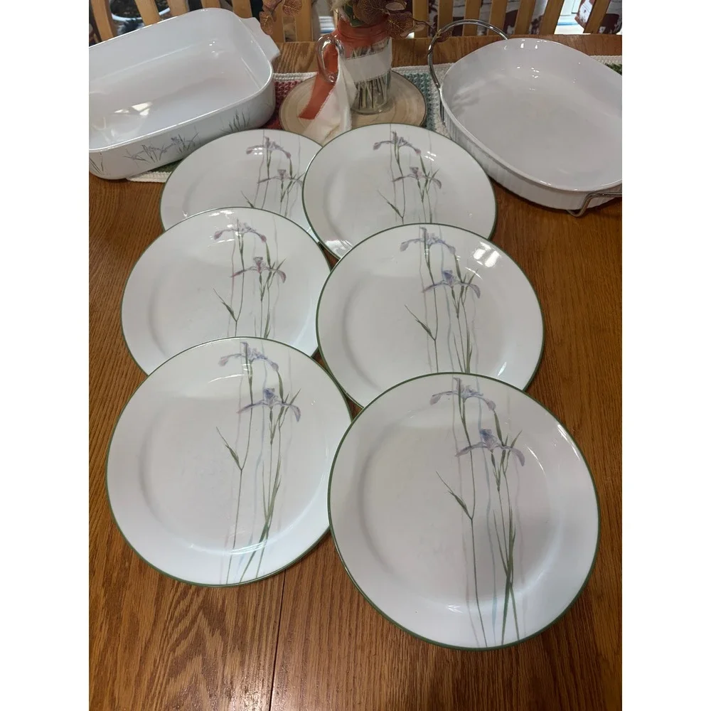 Corelle Iris Dinnerware Set 6 Dinner Plates and 1 Casserole Dish White Floral